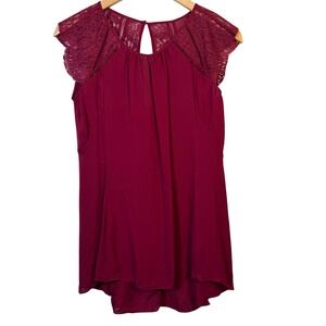White House Black Market Silk Top XS Burgundy Delicate Lace Cap Sleeve Keyhole